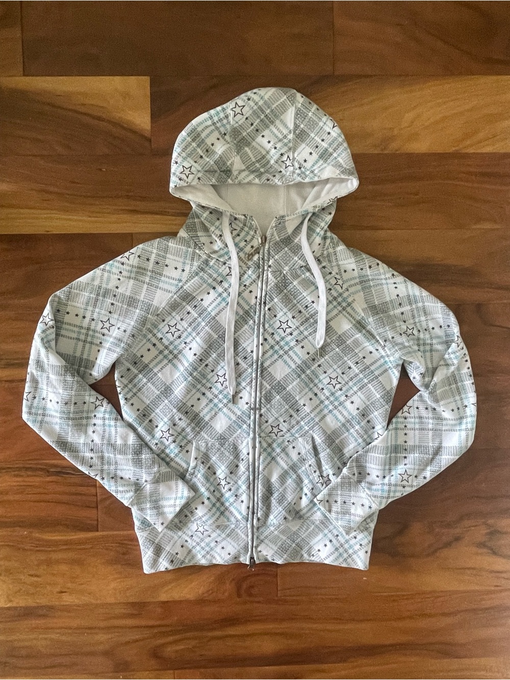 Y2K White and Blue Zip-Up Hoodie Sweater